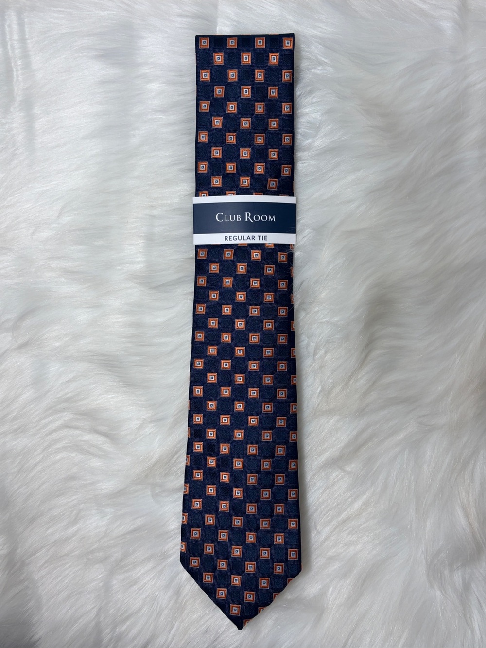 NWT Club Room Navy Tie Orange Square Pattern Tie